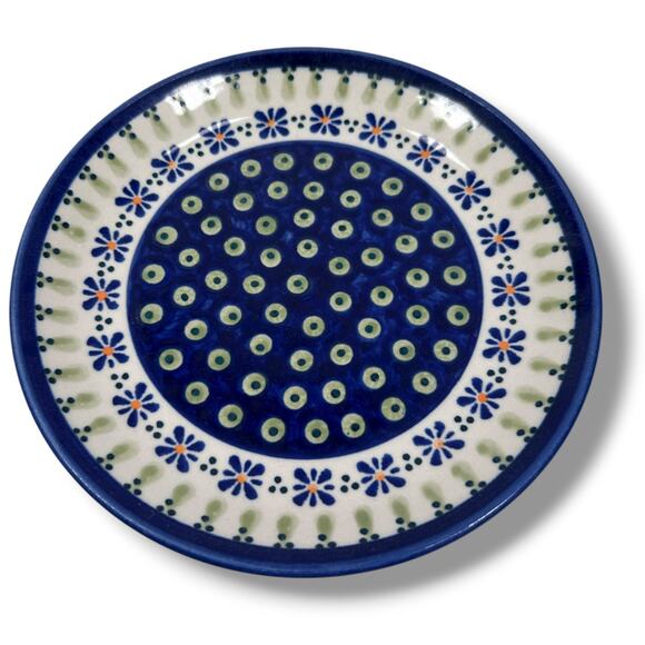 Polish Pottery Salad Plate 7.5" Blue Green Gingham Peacoc Stoneware Handcrafted - Picture 1 of 6